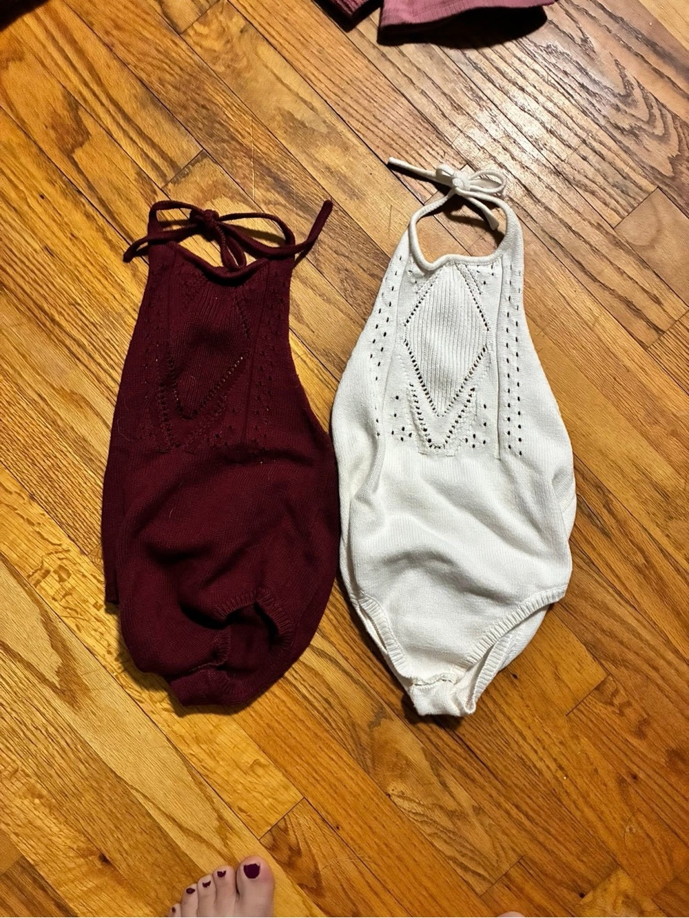 Kids Knit Halter One-Piece Bodysuit - White and Burgundy